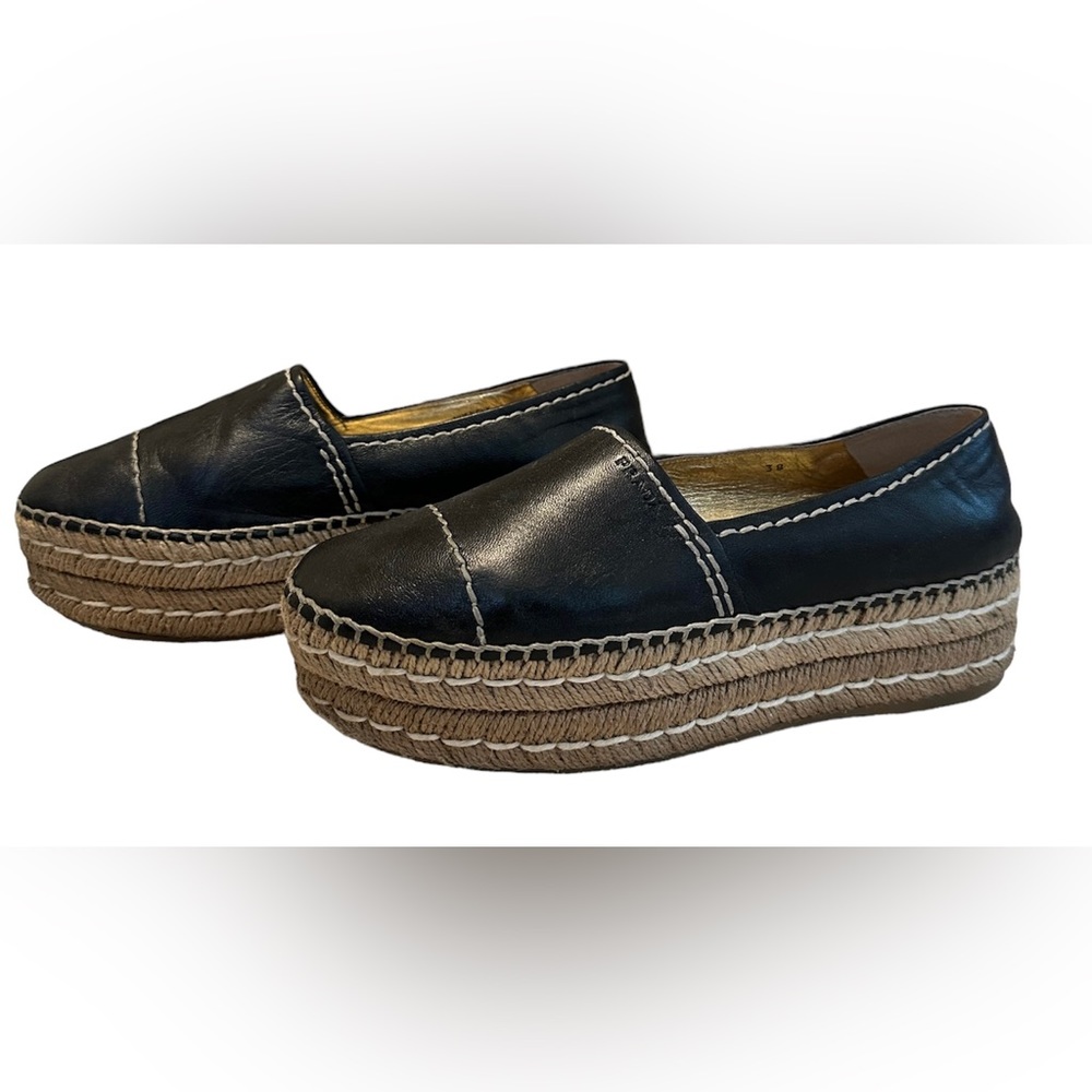 PRADA Black Leather Espadrilles. Size 7.5